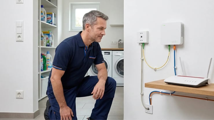 Techniker prüft ONT und Router neben montierter Glasfaser-Anschlussbox im Hauswirtschaftsraum.