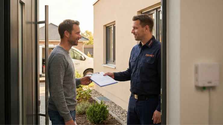 DNS:NET Techniker übergibt dem Eigentümer an der Haustür die fertige Auftragsbestätigung nach der Glasfaser-Aktivierung im Neubau – freundliche Übergabe bei natürlichem Tageslicht.