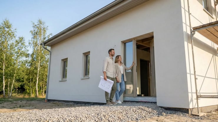 Paar Anfang 40 steht vor ihrem neuen Einfamilienhaus im Rohbau in Brandenburg – der richtige Moment, Glasfaser von Anfang an mitzuplanen.