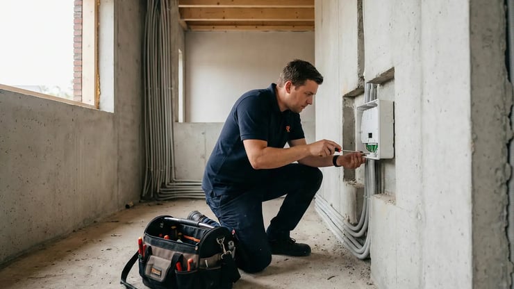 DNS:NET Techniker installiert den Hausübergabepunkt (HÜP) in einem Rohbau – offene Wände mit Leerrohren sichtbar, natürliches Tageslicht.