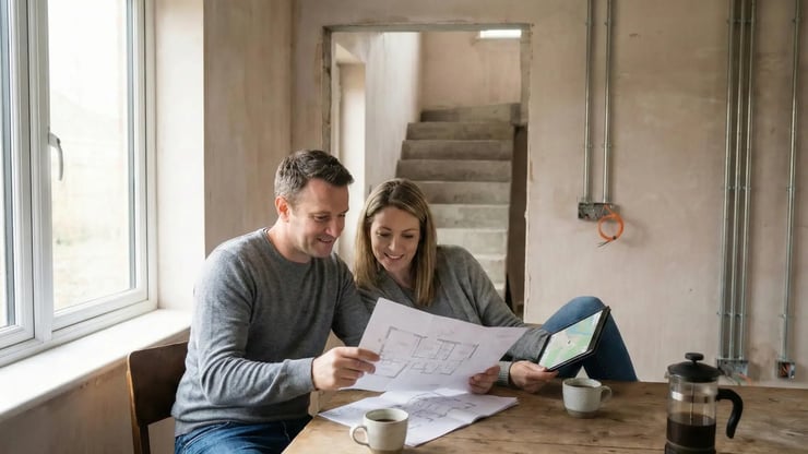 Paar Anfang 40 sitzt an Küchentisch in noch nicht fertig ausgebautem Haus und plant gemeinsam den Glasfaseranschluss anhand von Bauplänen und einem Tablet.