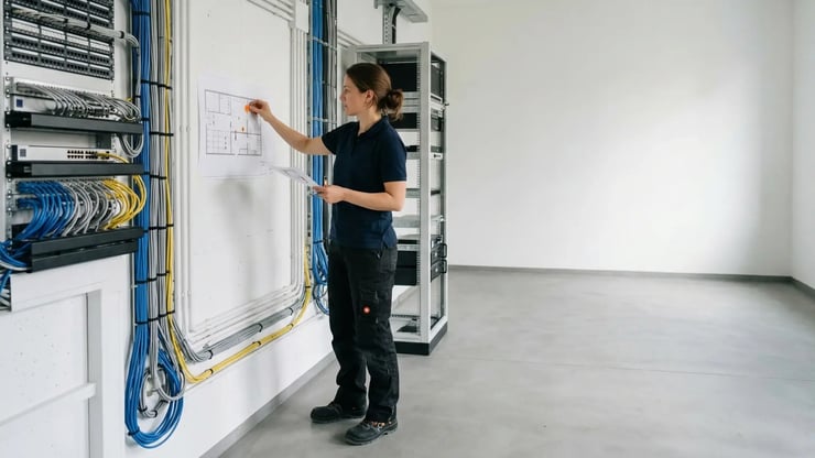 Technikerin markiert an einer Wandzeichnung im Technikraum Leitungswege; im Hintergrund Netzwerkschränke und sauber geführte Kabel.