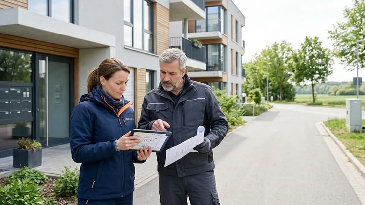 Zwei Personen stimmen vor einem Neubau den Glasfaseranschluss ab, mit Tablet und Bauplan; im Hintergrund Wohngebäude und Straße.