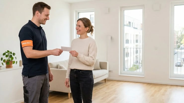 Techniker übergibt einer Bewohnerin eine Karte in einer hellen Neubauwohnung – Abschluss der Glasfaser-Aktivierung.