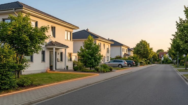 Modernes Wohngebiet in Panketal mit Einfamilienhäusern und visualisierter Glasfaserleitung bis ins Haus – schnelles FTTH-Internet von DNS:NET