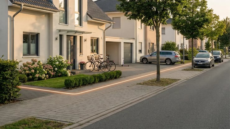 Wohnstraße mit Einfamilienhäusern in Petershagen-Eggersdorf und visualisierter Glasfaserleitung bis ins Haus – schnelles Internet über FTTH von DNS:NET