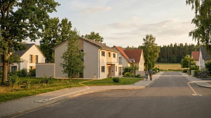 Moderne Einfamilienhäuser in einem Wohngebiet in Schorfheide bei Abendlicht, mit subtil visualisierter Glasfaser-Leitung, die vom Straßenrand ins Haus führt.