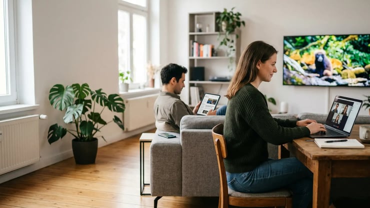 Frau im Homeoffice am Laptop, während im Wohnzimmer parallel Tablet und Fernseher genutzt werden – Sinnbild für eine stabile Glasfaserverbindung im Alltag.