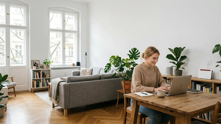 Frau arbeitet in einer hellen Wohnung am Laptop; im Hintergrund sind Wohnbereich und Router sichtbar – Visual für die Vorteile von Glasfaser im digitalen Alltag.