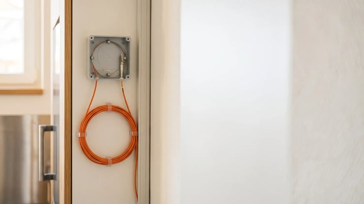 Glasfaser-Hausanschluss mit orangefarbenem Kabel als moderne Internet-Infrastruktur für ein digitales Zuhause.