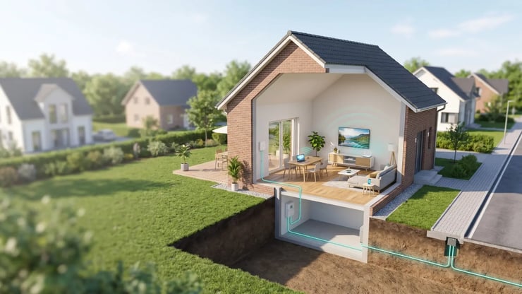 Schematische Darstellung eines Glasfaseranschlusses im Einfamilienhaus mit unterirdischer Leitung, Hauseinführung, Anschlussdose, Router und WLAN-Nutzung im Wohnbereich.