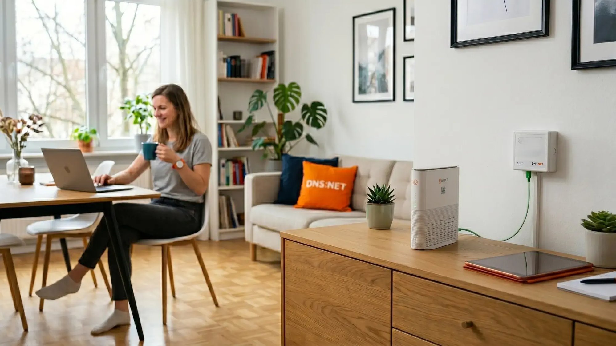 Glasfaseranschluss und Router in einer Wohnung mit Homeoffice-Situation im Hintergrund.