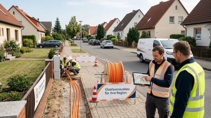 DNS:NET Bauteam startet den Glasfaserausbau in einem Wohngebiet und verlegt Leerrohre entlang des Gehwegs.