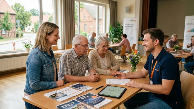 DNS:NET berät Bürgerinnen und Bürger bei einer regionalen Infoveranstaltung zur Interessentenphase für den Glasfaserausbau.