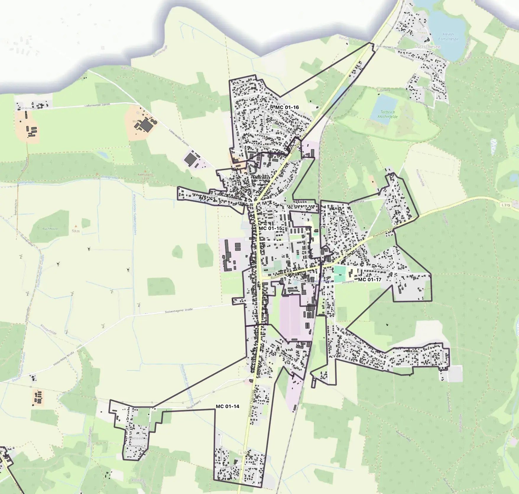 Karte des DNS:NET Glasfaser-Ausbaus in Klosterfelde mit Microclustern MC 01-14 bis MC 01-17. Übersicht über die zentralen Ausbauzonen entlang der B109 Richtung Bernau.