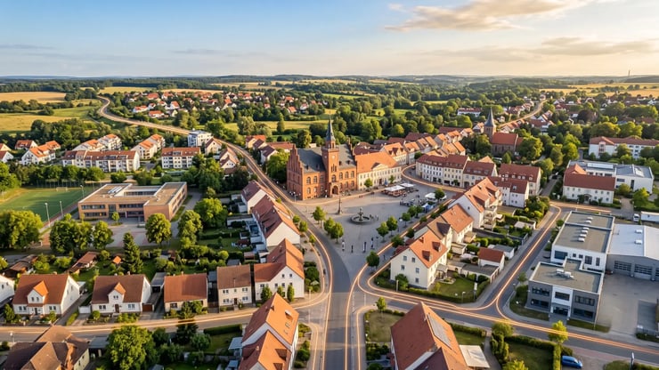 Luftaufnahme einer Kommune mit Rathaus, Wohngebieten, Schule und Gewerbeflächen, verbunden durch dezente orange Glasfaserlinien entlang der Straßen.