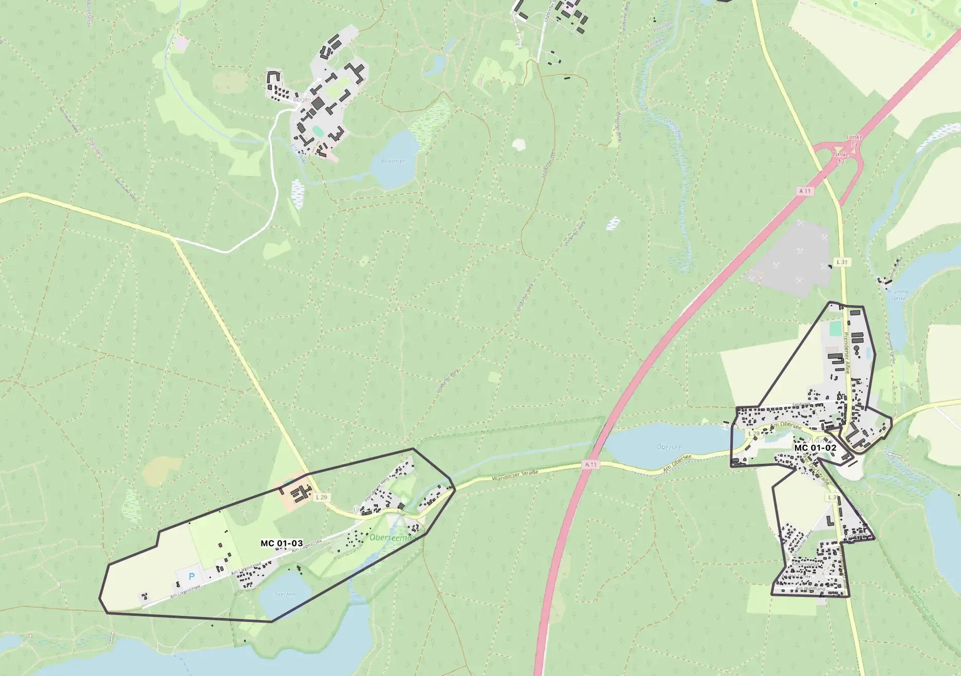 Karte des DNS:NET Glasfaser-Ausbaugebiets in Lanke, Gemeinde Wandlitz. Darstellung der Microcluster MC 01-01 bis MC 01-03 rund um den Obersee und Ützdorf.