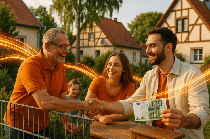 Nachbarinnen und Nachbarn in Französisch Buchholz unterhalten sich freundlich vor ihren Häusern. Im Fokus steht die Empfehlung für einen Glasfaseranschluss von DNS:NET. Das Bild symbolisiert Gemeinschaft und die Vorteile, gemeinsam schnelles Internet zu nutzen.
