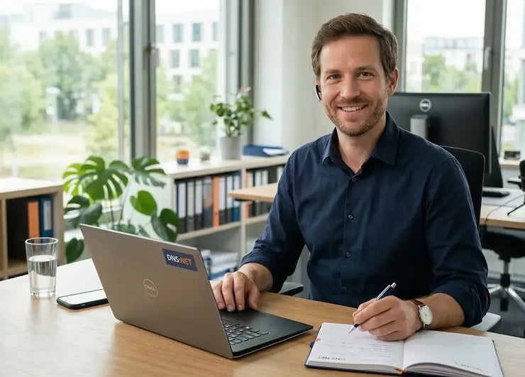 Mann am Laptop in einem hellen Büro als Symbol für die telefonische Bestellung des DNS:NET Premium-Repeaters.