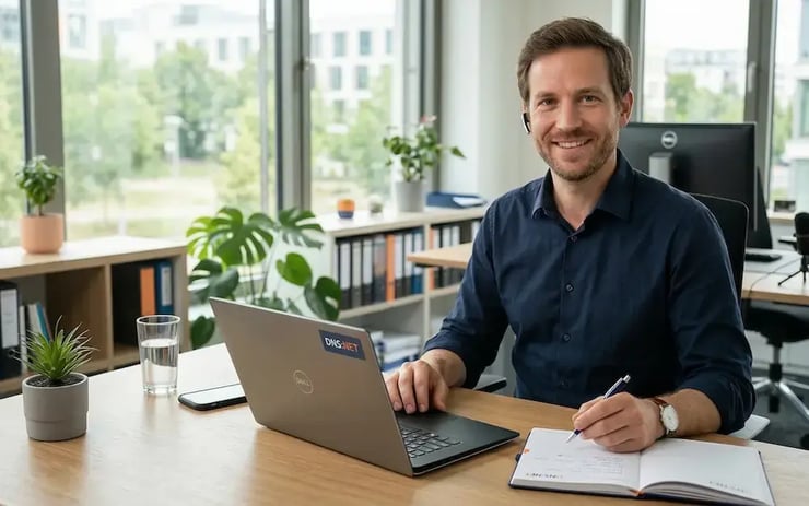 DNS:NET Berater sitzt in einem hellen Büro am Laptop und macht sich Notizen während eines persönlichen Beratungsgesprächs.