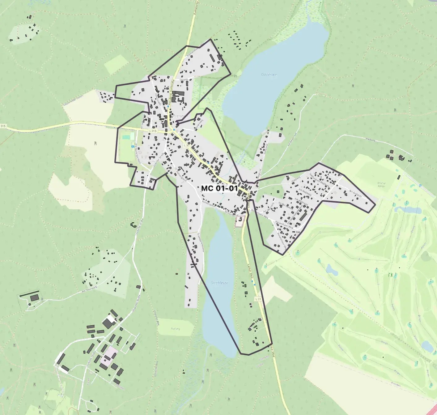 Karte des DNS:NET Glasfaser-Ausbaugebiets in Prenden, nördlich von Wandlitz. Markierte Microcluster rund um den Prendener See und den Ortskern.