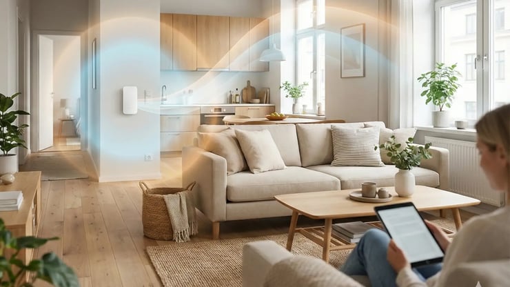 Helles, modernes Wohnzimmer mit einem WLAN-Repeater an der Wand; farbige Signalwellen zeigen, wie der Repeater das WLAN im Zuhause verteilt, während eine Person auf dem Sofa ein Tablet nutzt – visualisiert die WLAN-Verbesserung mit DNS:NET-Glasfaser.