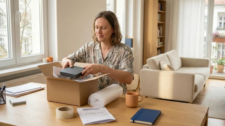 Kunde verpackt DNS:NET-Router für die Rücksendung am Laptop – Versand und Retoure von Hardware einfach erklärt.