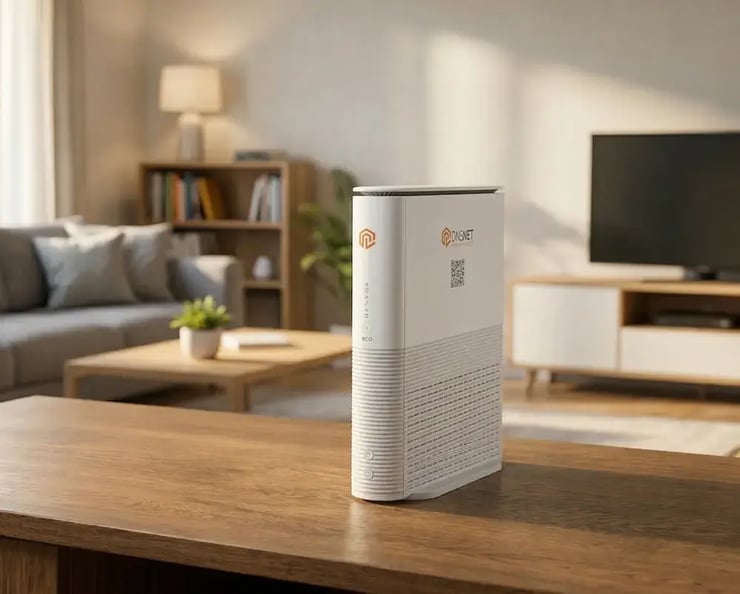 Weißer DNS:NET Premium WLAN-Router auf einem Holztisch in einem hellen Wohnzimmer mit Sofa, Bücherregal und Fernseher.