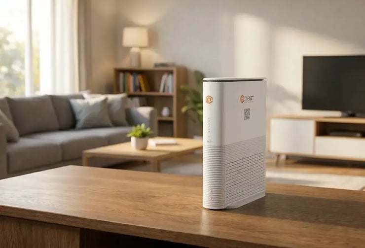  Weißer DNS:NET Premium WLAN-Router auf einem Holztisch in einem hellen Wohnzimmer mit Sofa, Bücherregal und Fernseher.