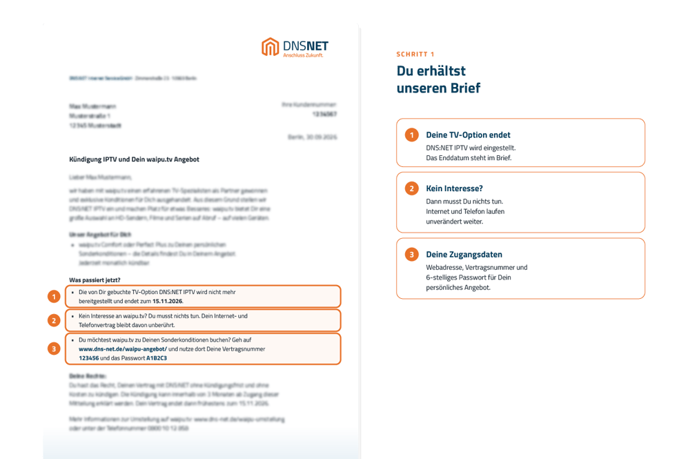Beispielbrief von DNS:NET zur Kündigung des waipu.tv-Angebots mit Erklärung der nächsten Schritte