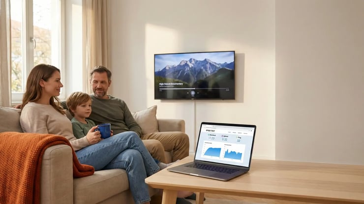 Familie nutzt Laptop mit geöffnetem Internet-Speedtest im Wohnzimmer
