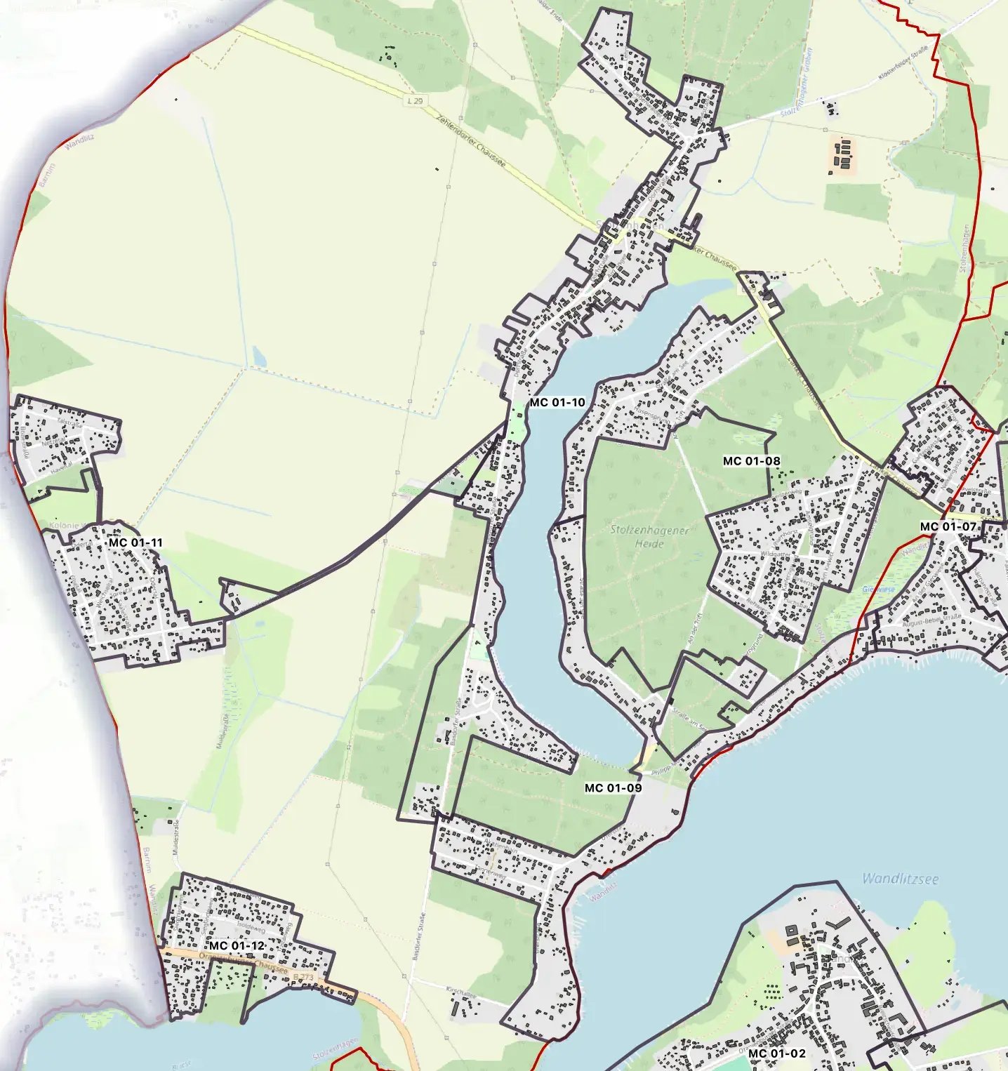 Karte des DNS:NET Glasfaser-Ausbaus in Stolzenhagen bei Wandlitz. Markierte Microcluster rund um den Stolzenhagener See, inklusive Ortsteile und Ausbaugrenzen.