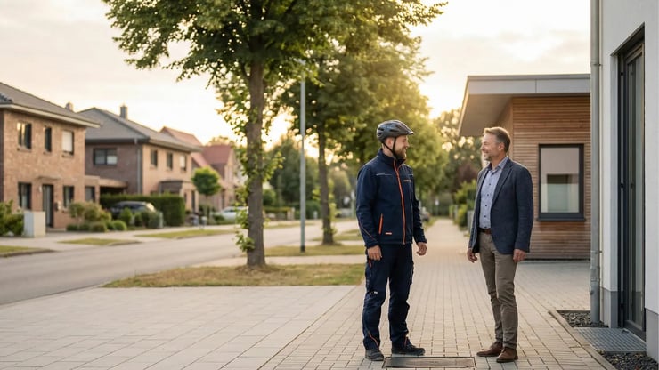 DNS:NET Techniker im Gespräch mit Unternehmer in einem Wohn- und Geschäftsgebiet in Brandenburg – Glasfaserinfrastruktur für die digitale Zukunft der Region.