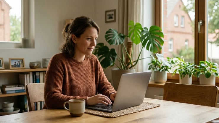 Person mit Laptop in hellem Wohnraum als alltagsnahes Motiv für VDSL-Internet in Kloster Lehnin