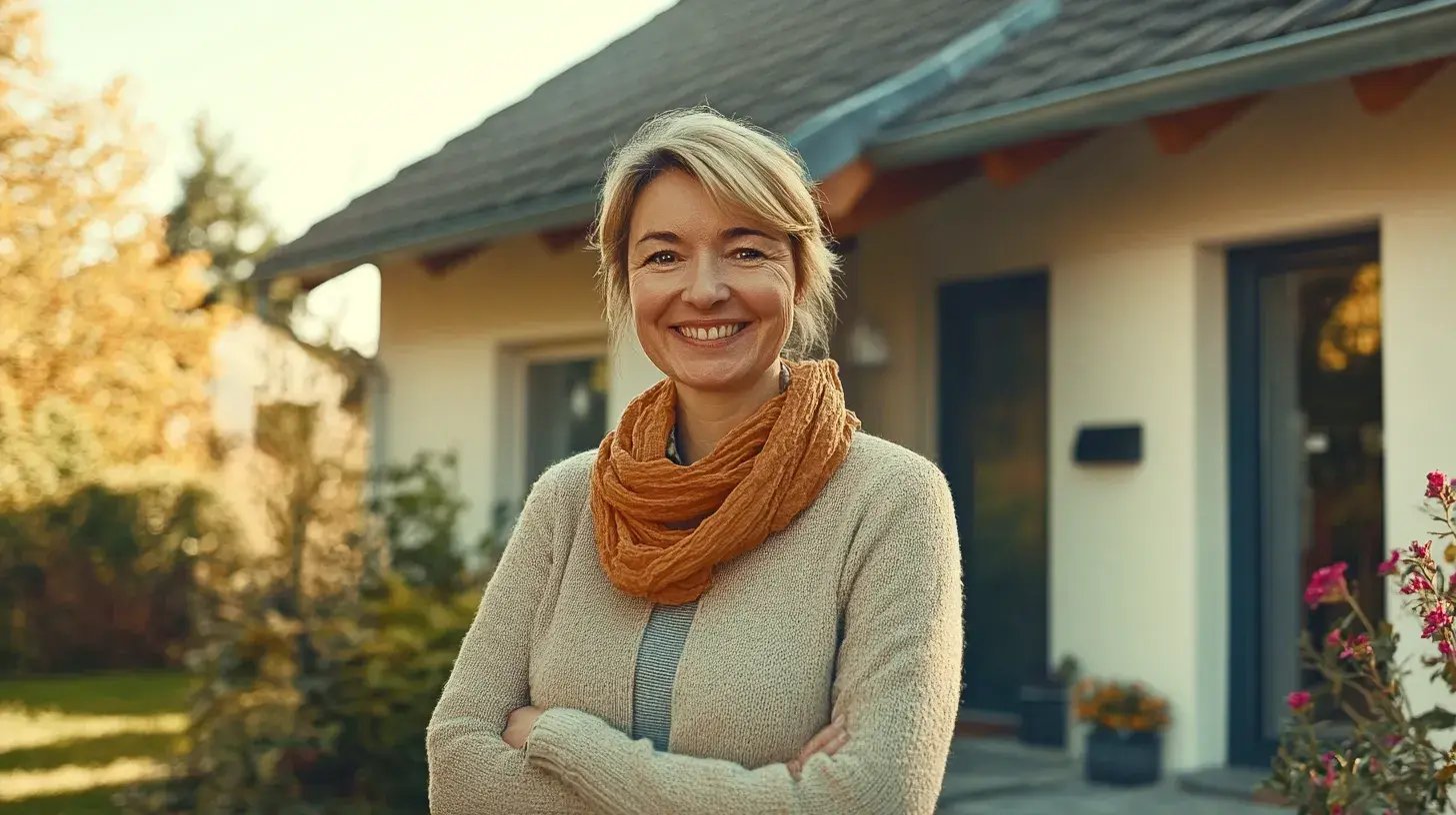 Frau vor ihrem Eigenheim, in das Glasfaser verlegt wurde