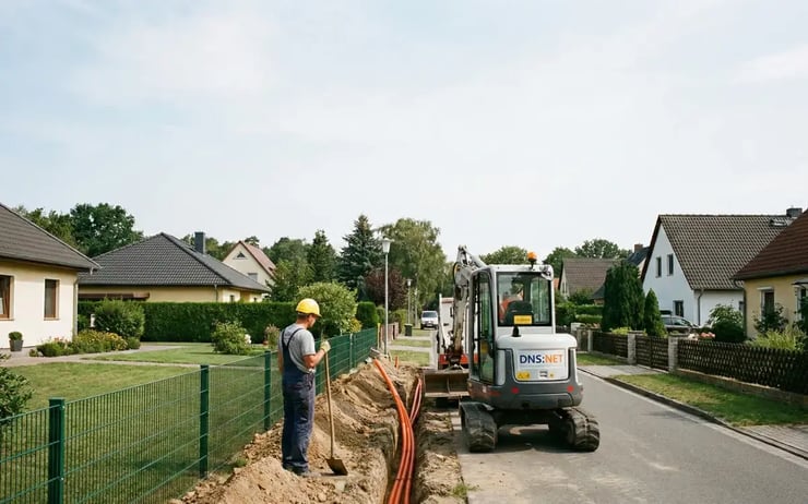 Wohngebiet in Wandlitz mit laufendem Glasfaserausbau – Bauhelm symbolisiert den Ausbau von Glasfaser und VDSL durch DNS:NET für alle Ortsteile.