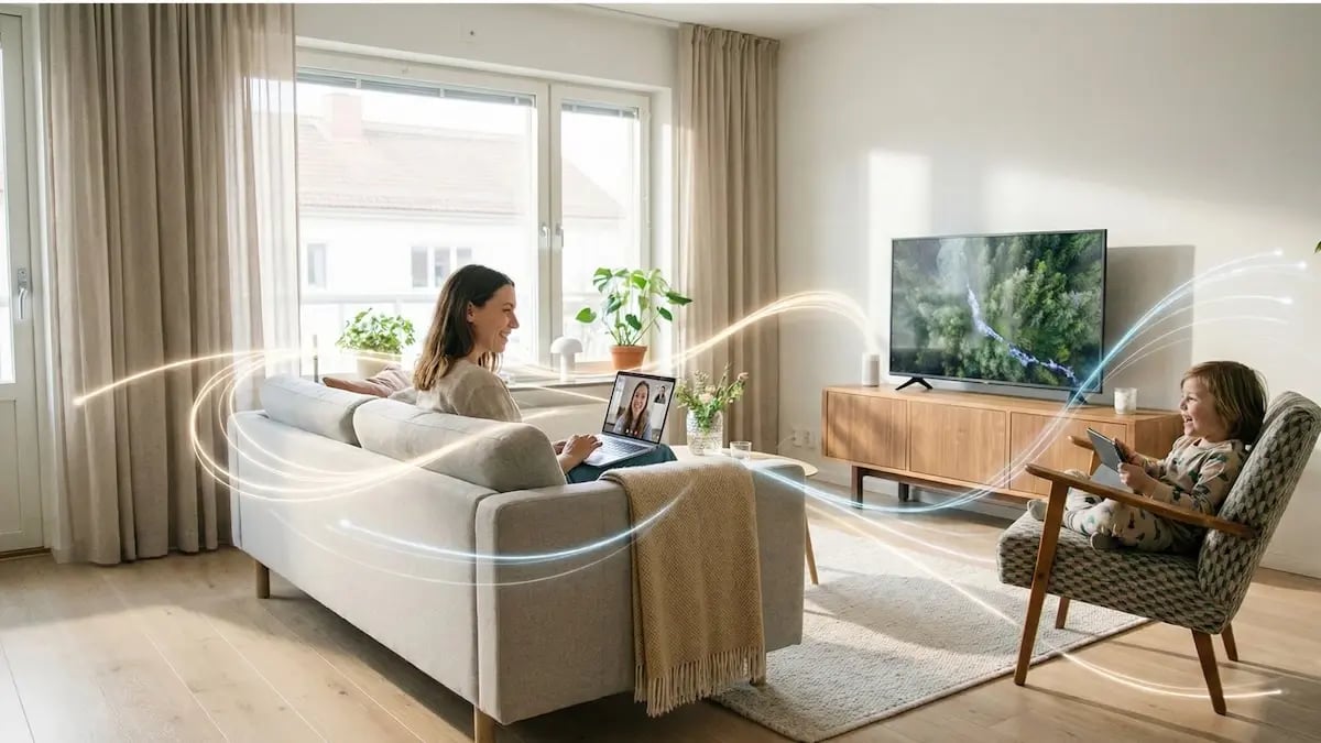 Frau mit Kind beim Surfen im Wohnzimmer