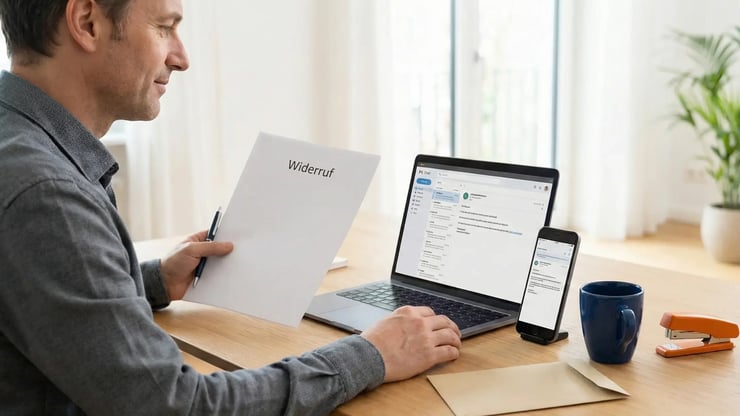 Kunde prüft Widerruf am Laptop und Smartphone und hält ein Formular mit der Aufschrift ‚Widerruf‘ in der Hand.