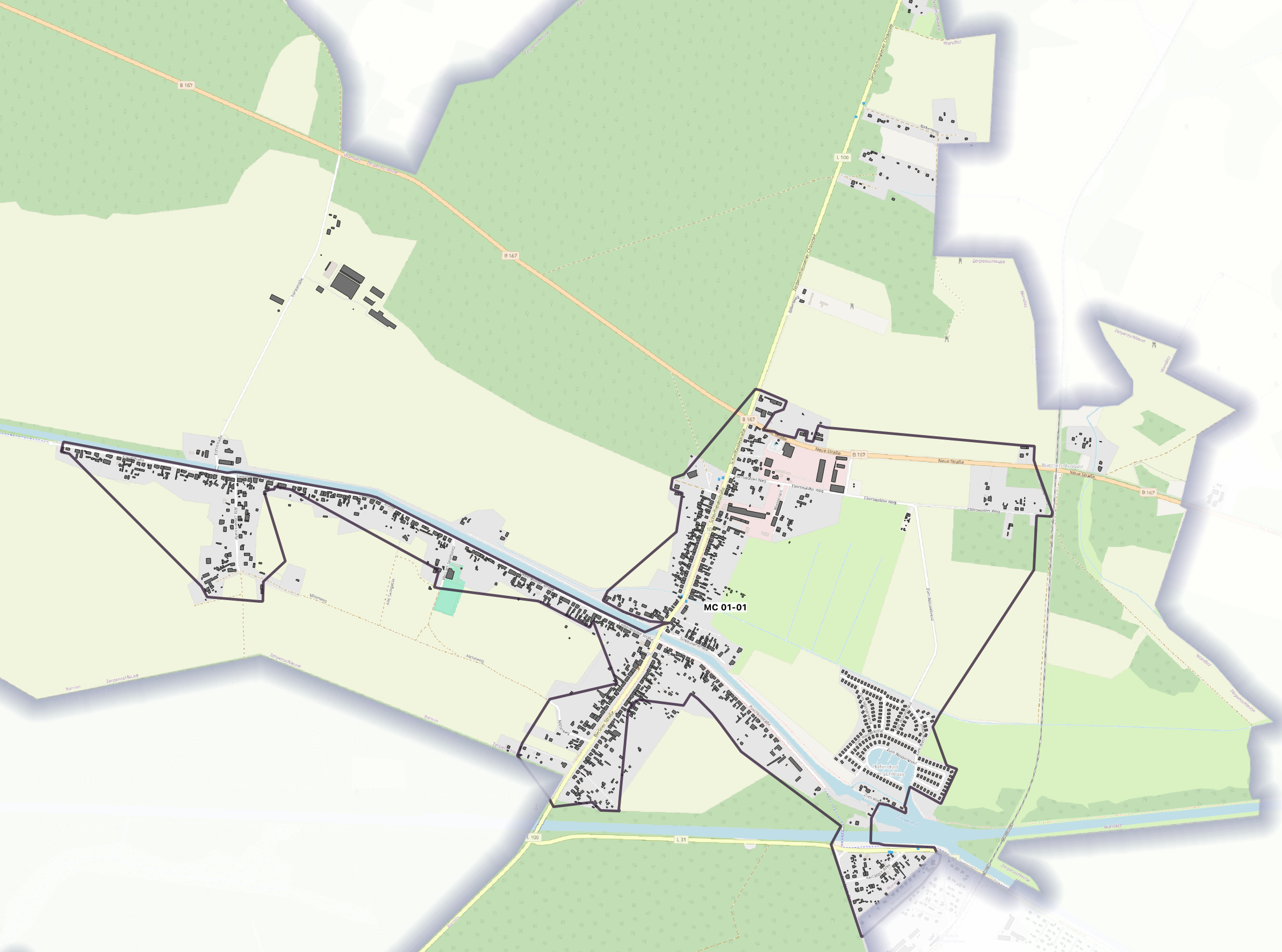 Karte des DNS:NET Glasfaser-Ausbaugebiets in Zerpenschleuse mit markierten Microclustern entlang des Finowkanals. Darstellung des nördlichen Gemeindegebiets Wandlitz in Brandenburg.