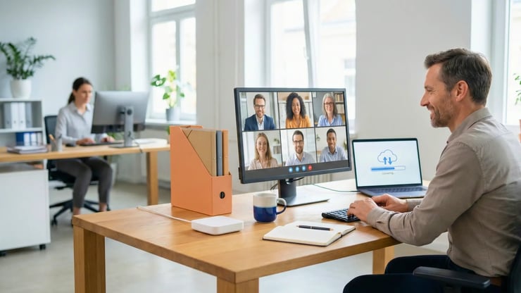 Geschäftlicher Videoanruf im Büro: Mitarbeitender nimmt an Videokonferenz teil, während Cloud-Upload auf dem Laptop läuft.