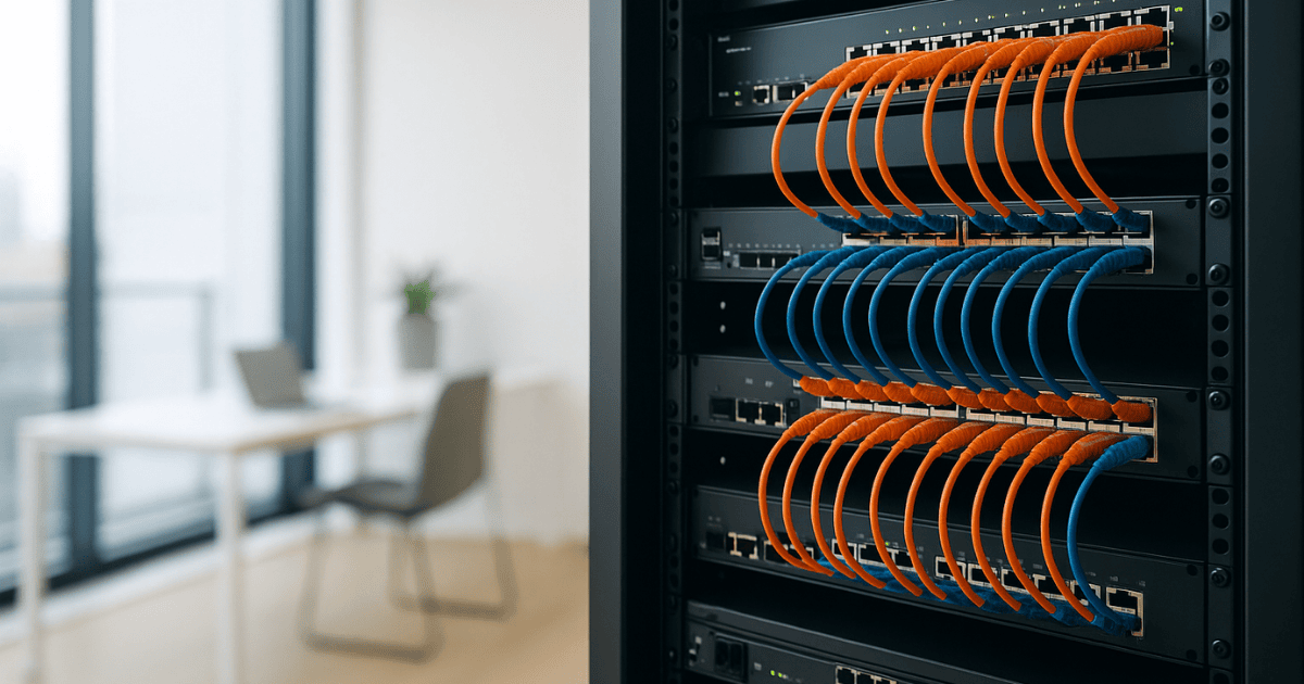 Serverrack mit orange-blauen Glasfaserkabeln in modernem Büro. Symbolisiert Highspeed-Internet, Digitalisierung und zuverlässige Glasfaser-Lösungen für Unternehmen und KMU in Berlin, Brandenburg und Sachsen-Anhalt.