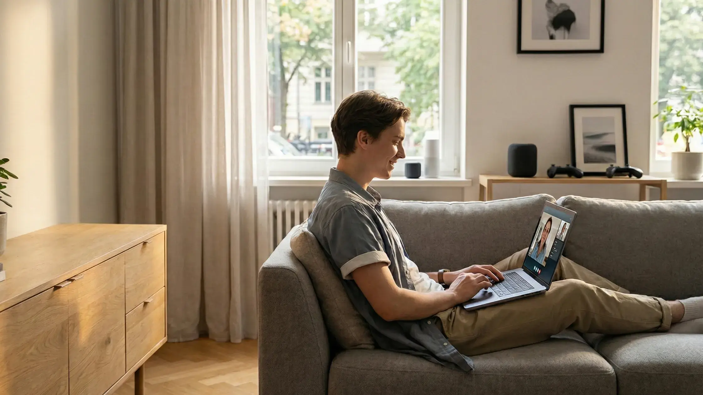 Person arbeitet entspannt im Wohnzimmer auf dem Sofa an einem Videoanruf, unterstützt durch einen stabilen Glasfaseranschluss von DNS:NET – Hinweisbanner: ‚Glasfaser sofort nutzen. Ohne Zustimmung des Eigentümers – einfach einziehen, anschließen, starten‘.