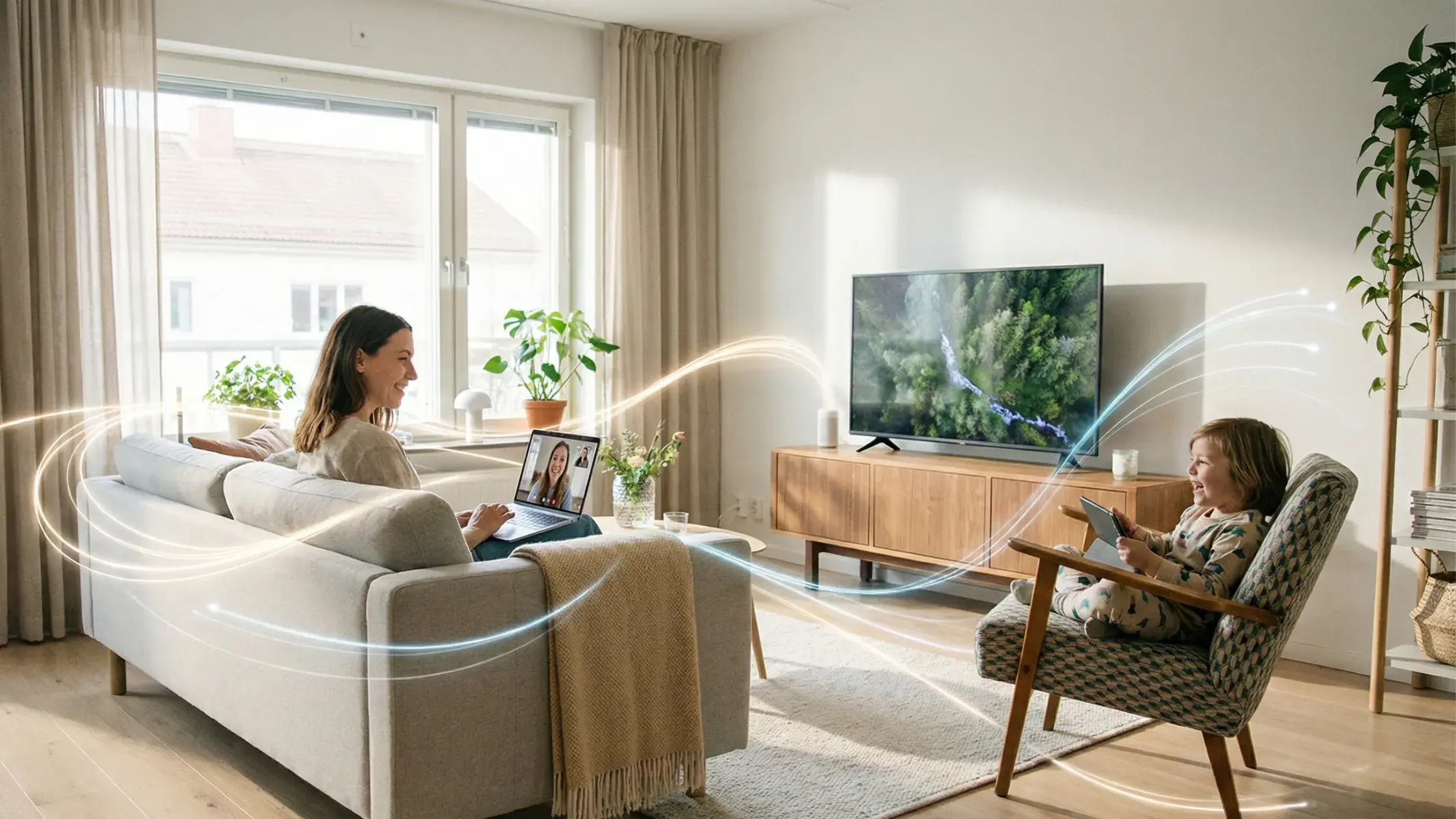 Familie nutzt Laptop und Tablet im Wohnzimmer; Lichtlinien stehen für stabiles Glasfaser-WLAN von DNS:NET