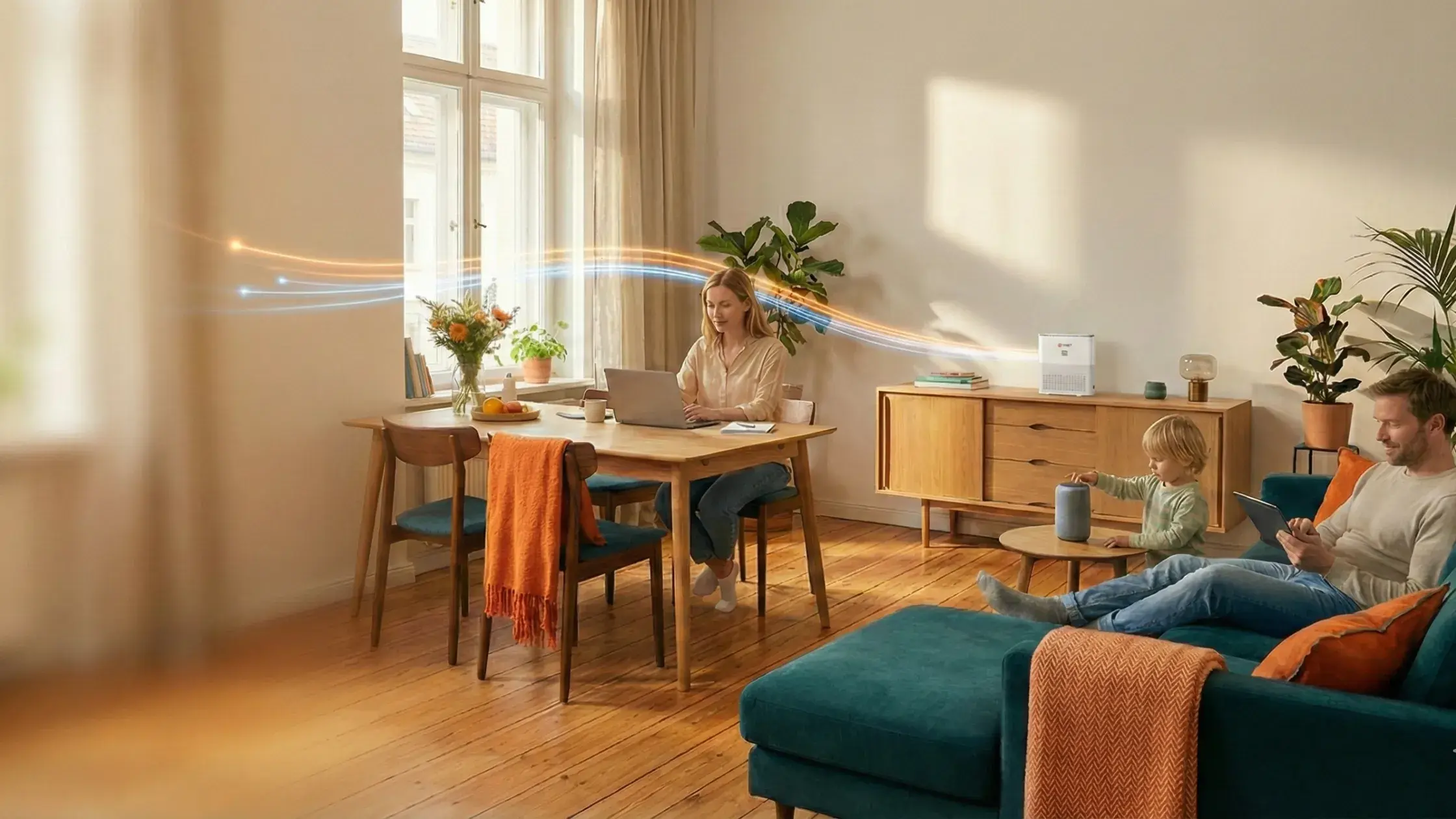 Familie in einem hellen Wohnzimmer in Berlin-Brandenburg: Eine Person arbeitet entspannt im Homeoffice, eine andere nutzt ein Tablet, ein Kind spielt. Im Hintergrund verbindet eine dezente Lichtspur das Zuhause symbolisch mit Glasfaser-Internet.