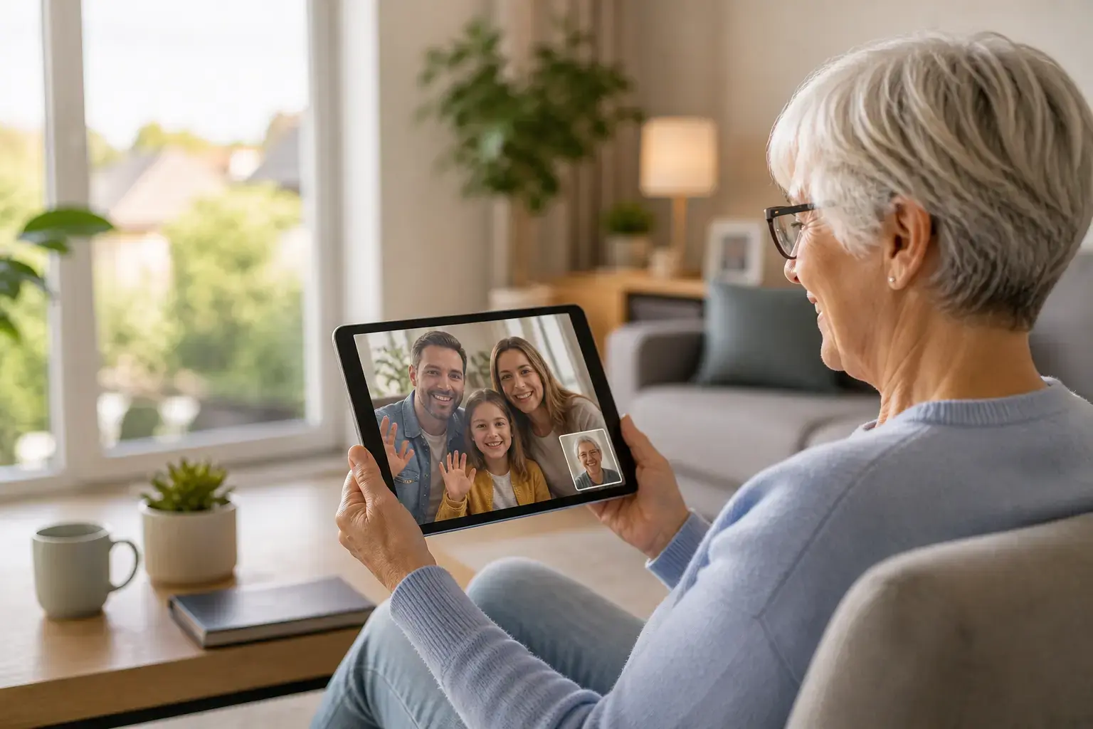 Ältere Frau nutzt ein Tablet für einen Videoanruf mit ihrer Familie.