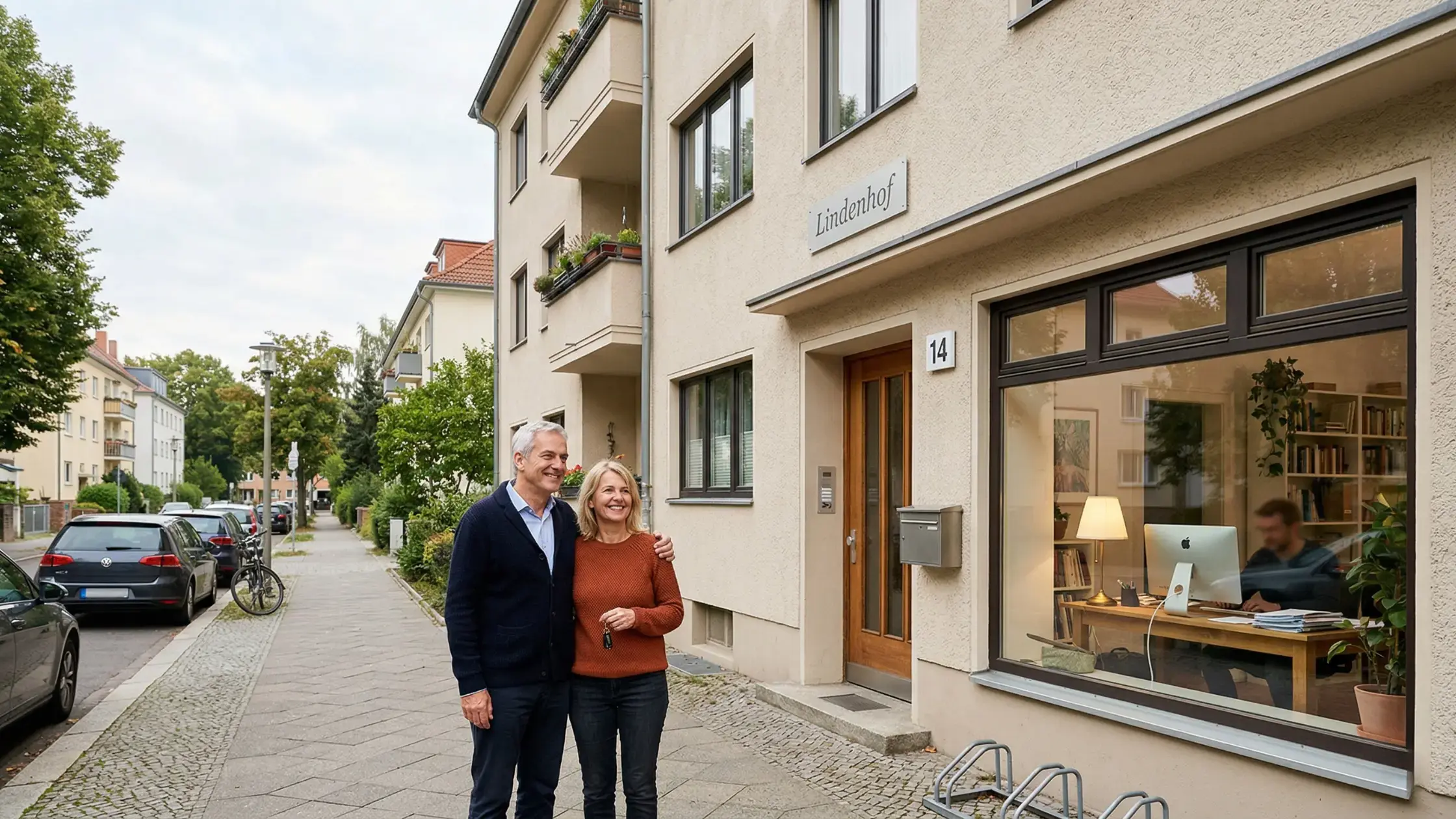 Eigentümer stehen vor einem gepflegten Mehrfamilienhaus in einer Wohnstraße; das Motiv visualisiert Glasfaser als Zukunftsfaktor für Attraktivität und Wert einer Immobilie.
