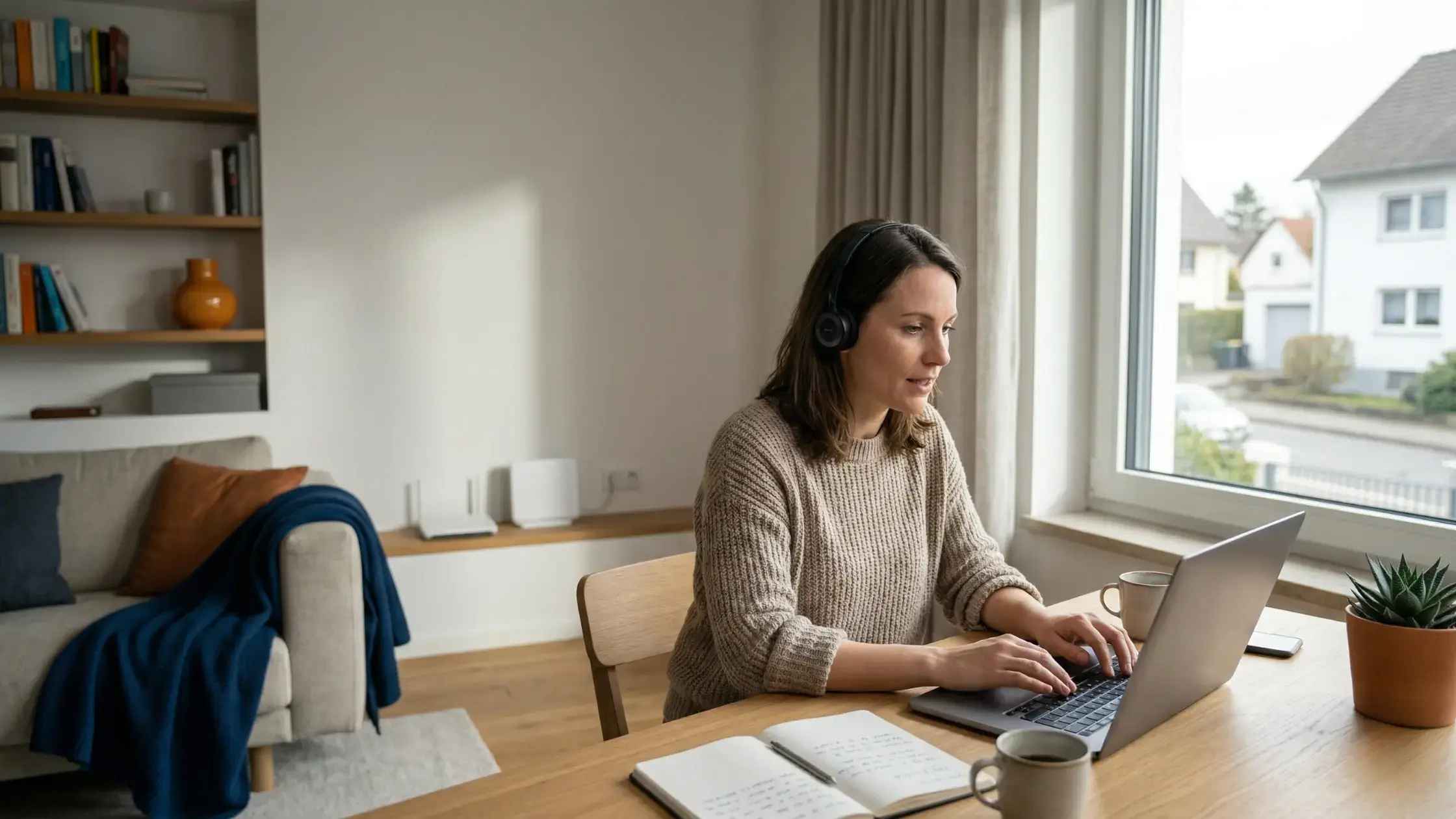 Frau arbeitet im Homeoffice mit Laptop in einem hellen Wohnraum; im Hintergrund sind Router und Wohnbereich sichtbar, Symbolbild für Glasfaser, digitale Teilhabe und verlässliches Internet im Alltag.