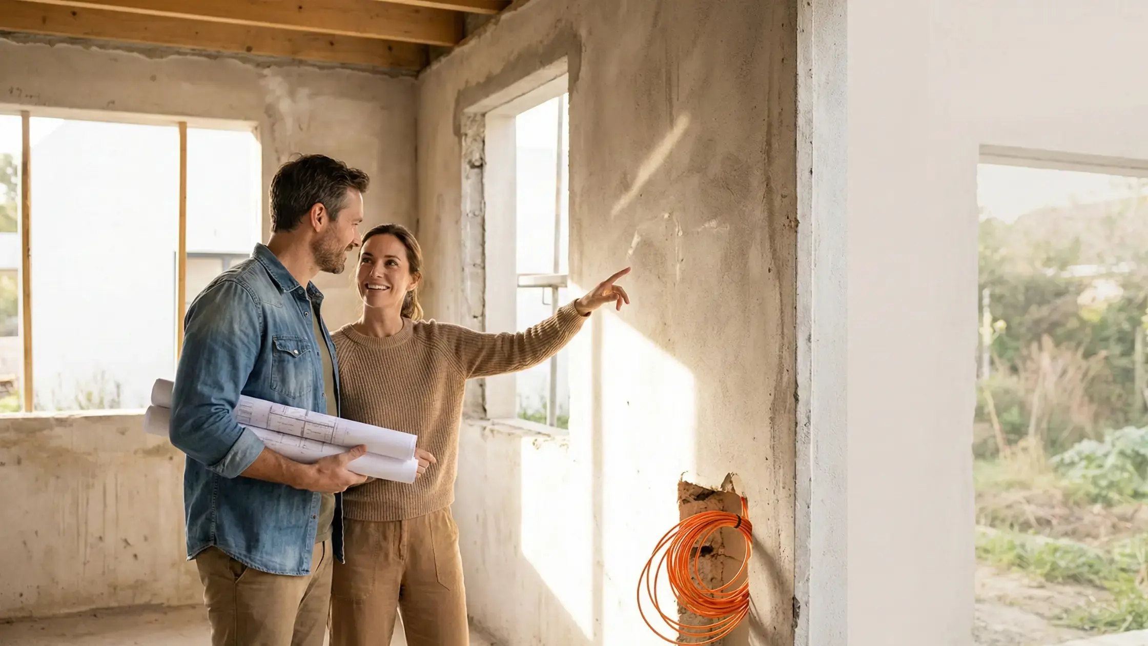 Paar begutachtet Wände in einem Rohbau-Haus: Mann hält Baupläne,  Frau zeigt auf eine Wandöffnung mit einem orangefarbenen  Glasfaserkabel – Planung des Glasfaseranschlusses beim Neubau.