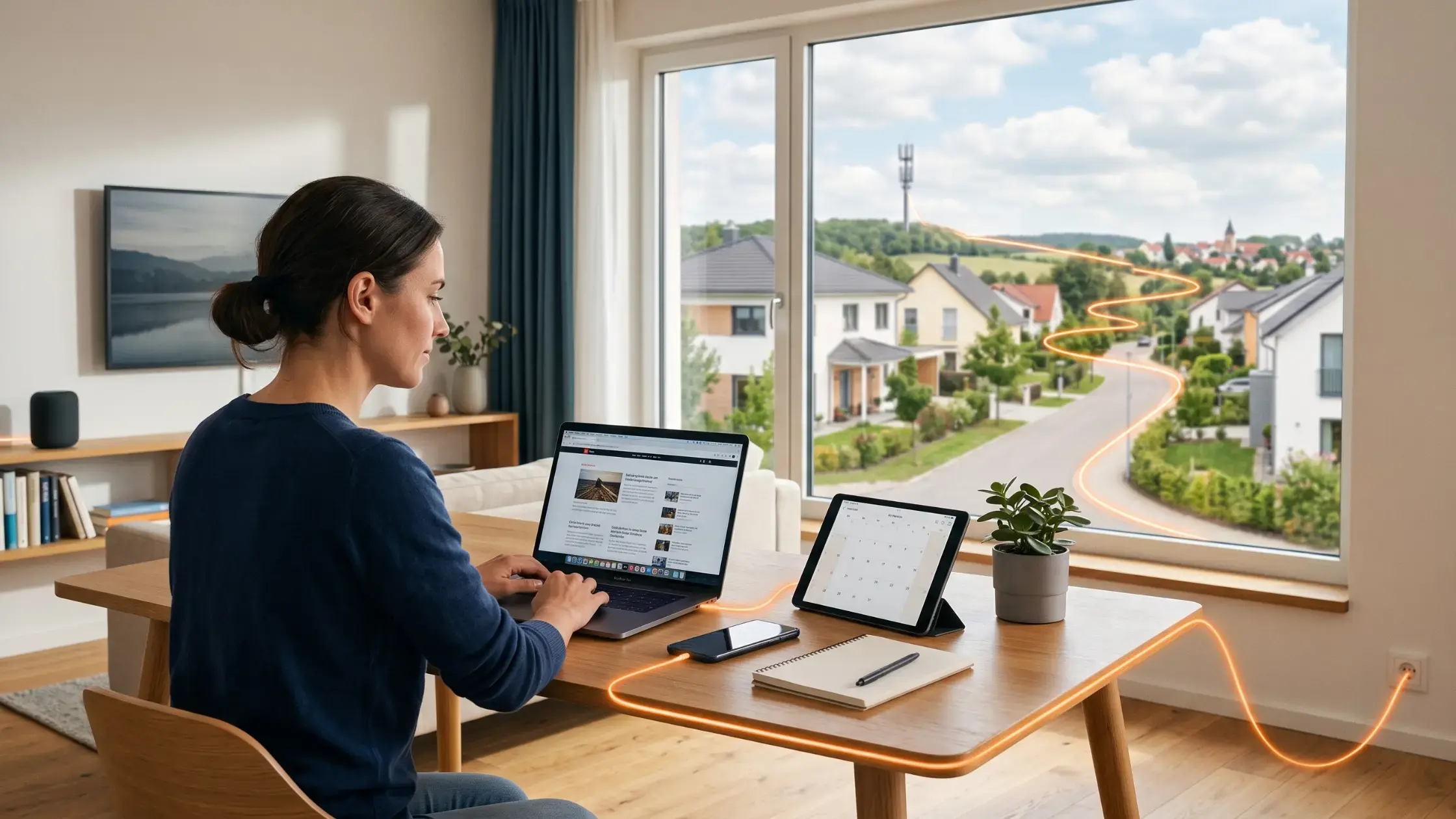 Modernes Header Visual zu Glasfaser als Zukunftsinfrastruktur: heller Wohn- und Arbeitsraum mit Laptop, Smartphone, Tablet, Smart-TV und dezenter orangefarbener Lichtlinie als Symbol für vernetzten Alltag, Homeoffice, Smart Home und digitale Region.