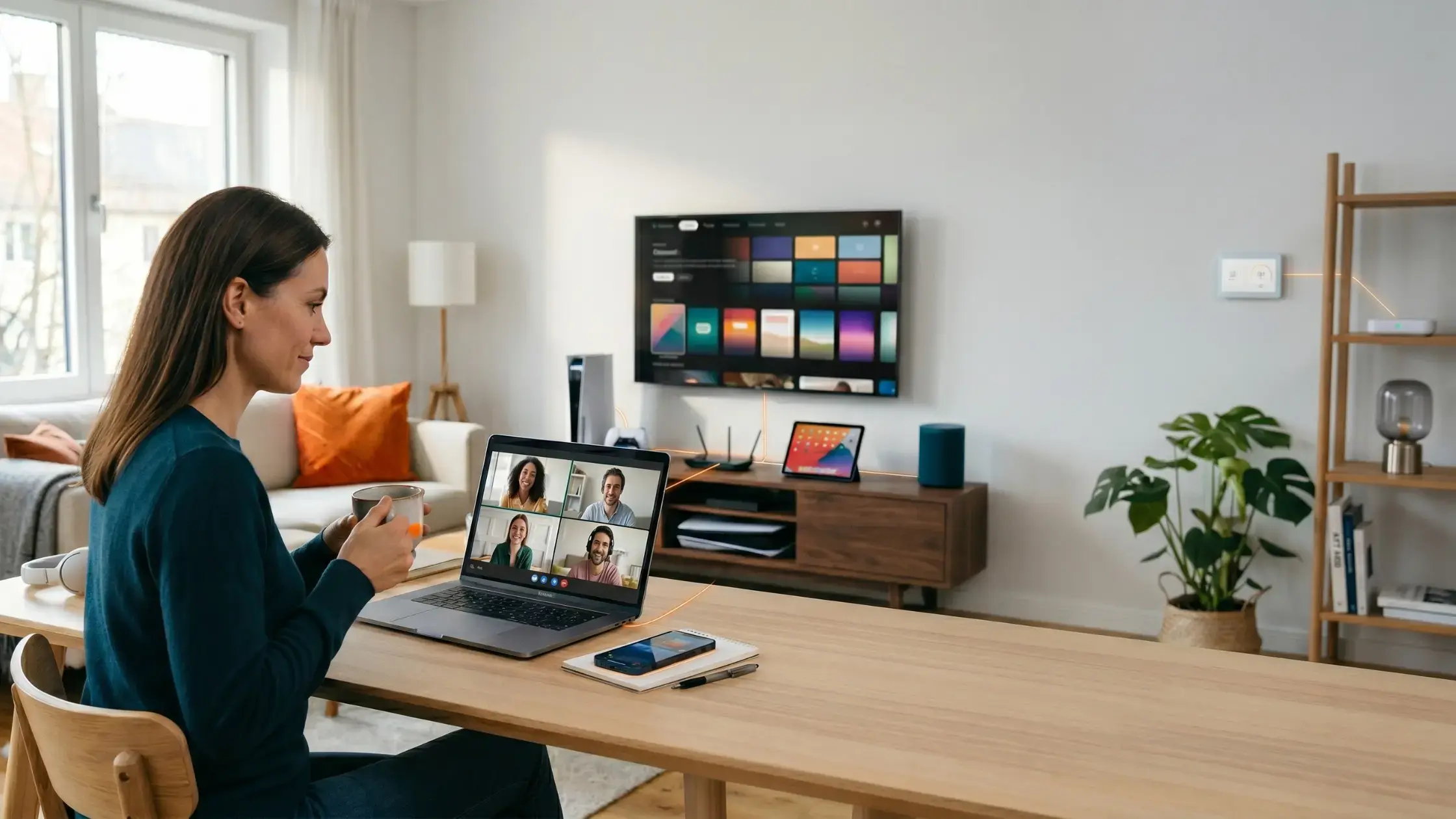 Person nutzt einen Laptop für einen Videocall in einem hellen Wohnzimmer mit Smart-TV, Tablet und weiteren verbundenen Geräten.